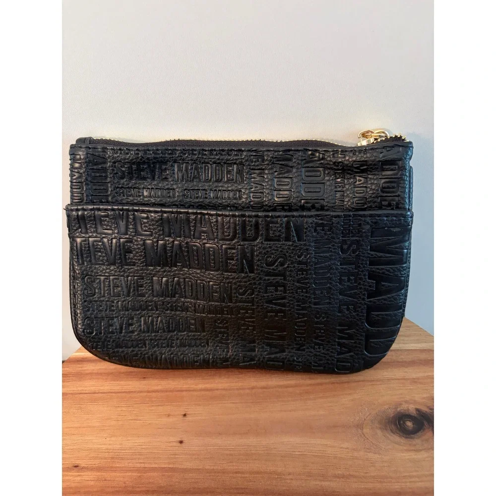Steve Madden Btrell Double Zip Monogram Logo Black Wristlet Bag Purse